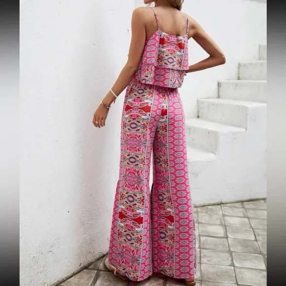 Boho Floral Paisley Ruffle Print Wide Leg Palazzo Pants Crop Cami Top Set Pink - Picture 3 of 9